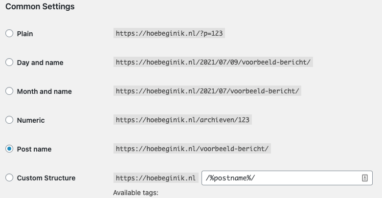 Slug SEO permalink instellingen